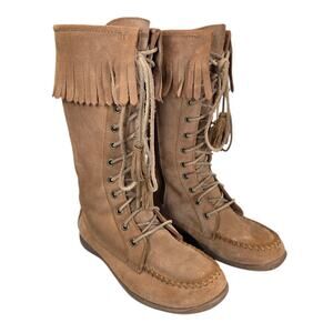 L L Bean Suede Leather Tan Tassel Thick Sheepskin Lined‎ Winter Boots Size 6.5 M